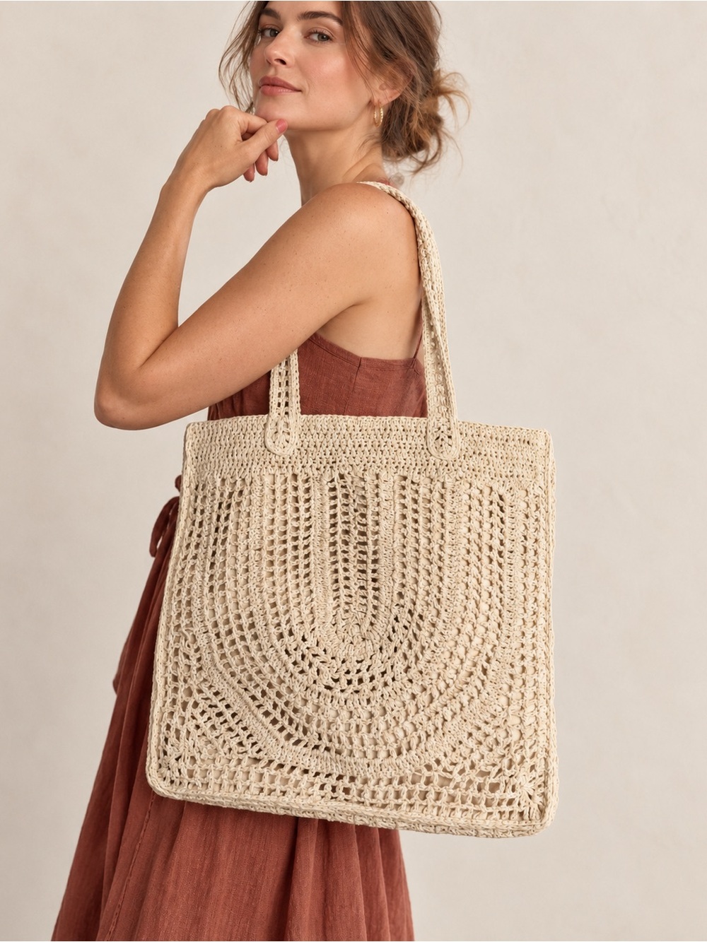NWOT Universal Thread Crochet Cream Boho Large Shoulder Tote bag
